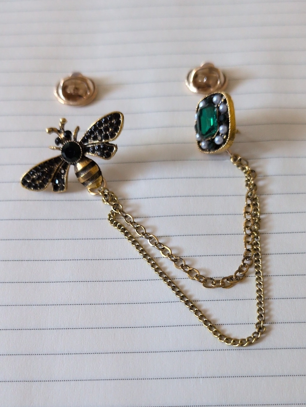 Gold-Tone Bee Chain Brooch with Emerald Crystal Accent